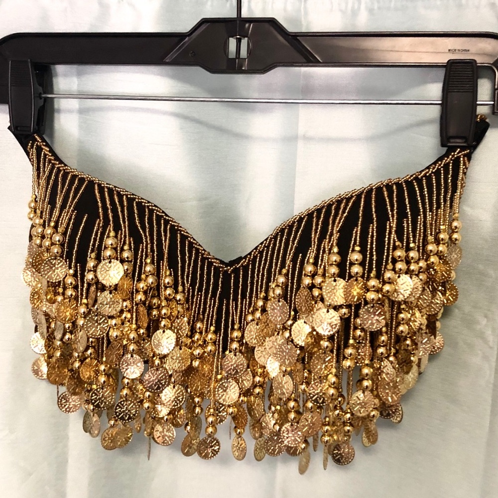 Gold coin bra bead black S/M B cup belly dance New